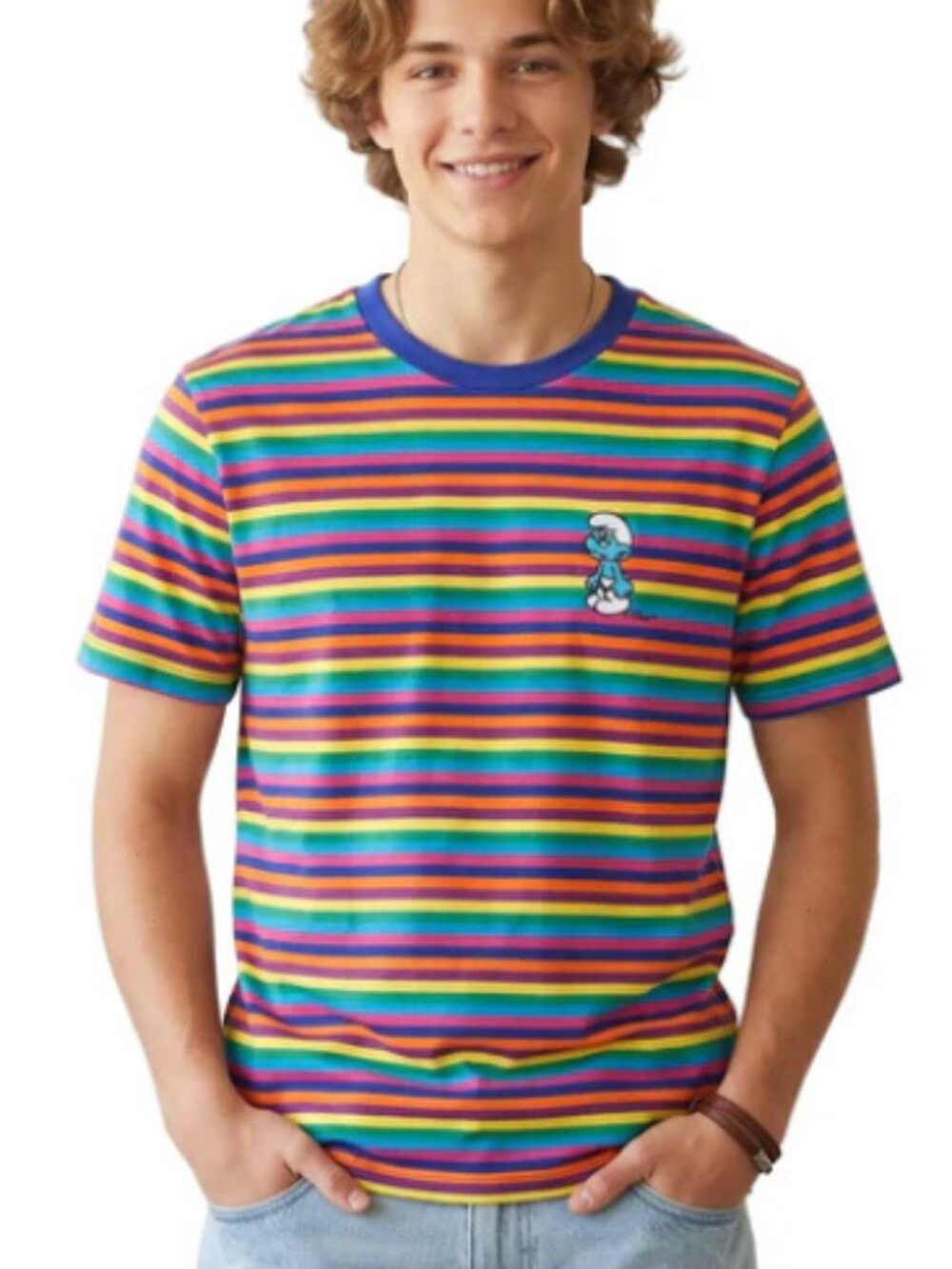 The Smurfs Mens Embroidered Grouchy Smurf Graphic Rainbow Striped Shirt New S-XL